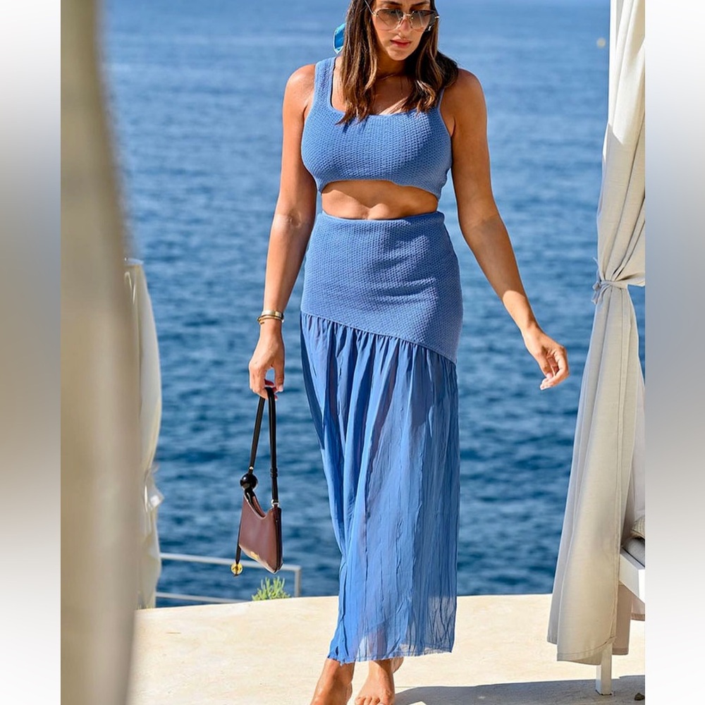 Matching 2 piece top & skirt set- blue drop waist midi skirt & stretchy knit top - Picture 2 of 13